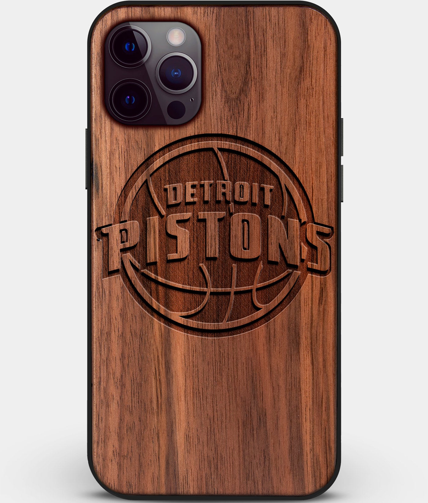 Custom Carved Wood Detroit Pistons iPhone 12 Pro Max Case | Personalized Walnut Wood Detroit Pistons Cover, Birthday Gift, Gifts For Him, Monogrammed Gift For Fan | by Engraved In Nature