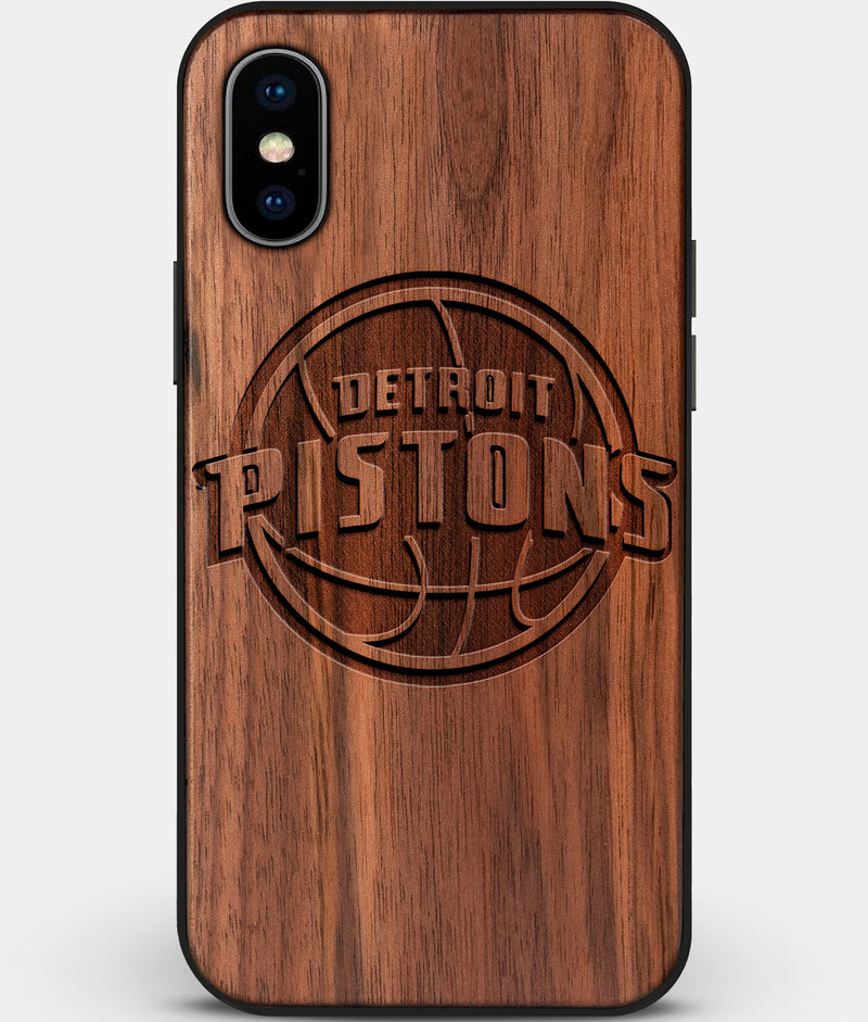Custom Carved Wood Detroit Pistons iPhone X/XS Case | Personalized Walnut Wood Detroit Pistons Cover, Birthday Gift, Gifts For Him, Monogrammed Gift For Fan | by Engraved In Nature
