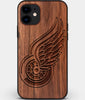 Custom Carved Wood Detroit Red Wings iPhone 11 Case | Personalized Walnut Wood Detroit Red Wings Cover, Birthday Gift, Gifts For Him, Monogrammed Gift For Fan | by Engraved In Nature