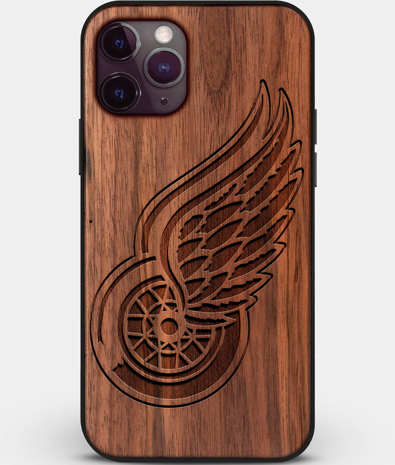 Custom Carved Wood Detroit Red Wings iPhone 11 Pro Case | Personalized Walnut Wood Detroit Red Wings Cover, Birthday Gift, Gifts For Him, Monogrammed Gift For Fan | by Engraved In Nature