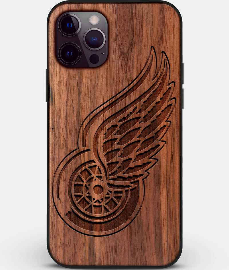 Custom Carved Wood Detroit Red Wings iPhone 12 Pro Max Case | Personalized Walnut Wood Detroit Red Wings Cover, Birthday Gift, Gifts For Him, Monogrammed Gift For Fan | by Engraved In Nature
