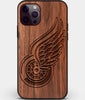 Custom Carved Wood Detroit Red Wings iPhone 12 Pro Max Case | Personalized Walnut Wood Detroit Red Wings Cover, Birthday Gift, Gifts For Him, Monogrammed Gift For Fan | by Engraved In Nature