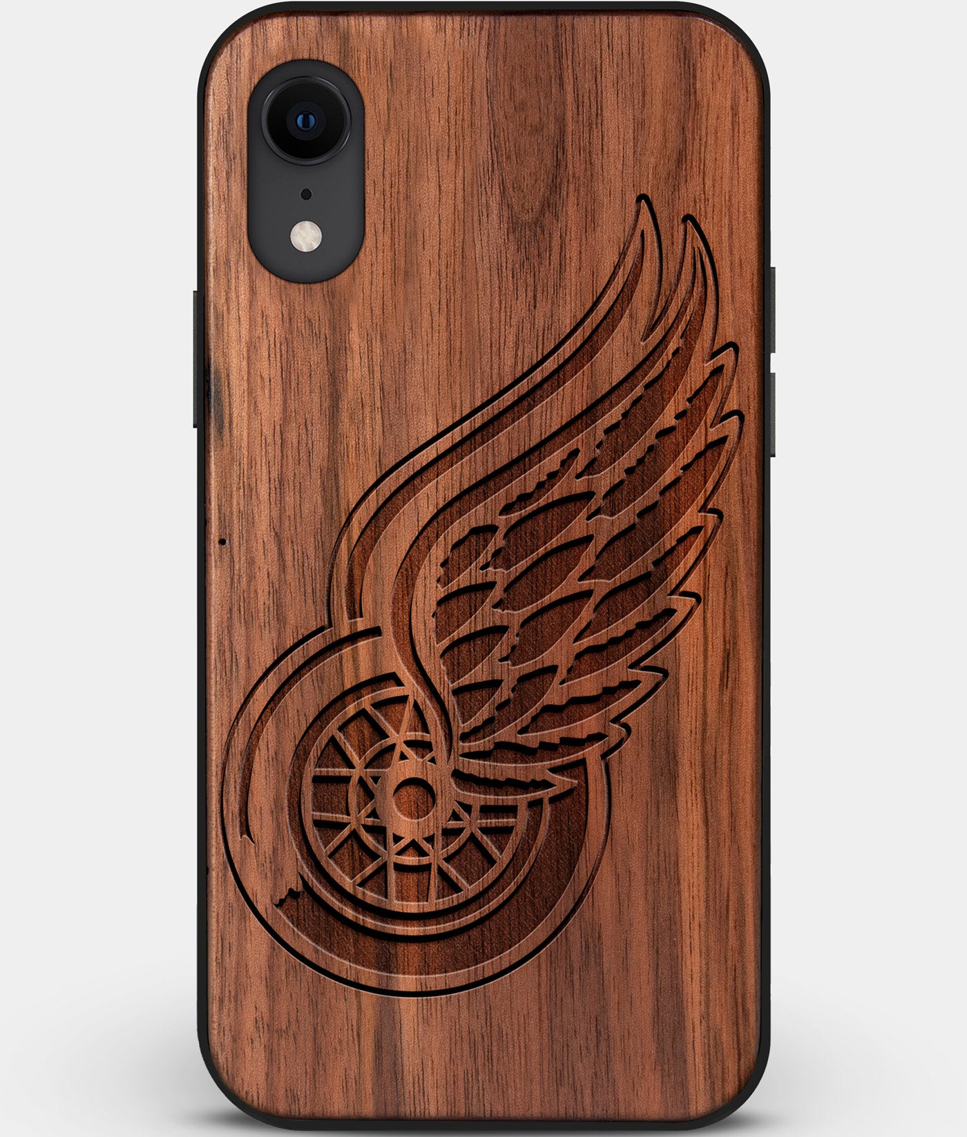 Custom Carved Wood Detroit Red Wings iPhone XR Case | Personalized Walnut Wood Detroit Red Wings Cover, Birthday Gift, Gifts For Him, Monogrammed Gift For Fan | by Engraved In Nature