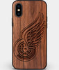 Custom Carved Wood Detroit Red Wings iPhone X/XS Case | Personalized Walnut Wood Detroit Red Wings Cover, Birthday Gift, Gifts For Him, Monogrammed Gift For Fan | by Engraved In Nature