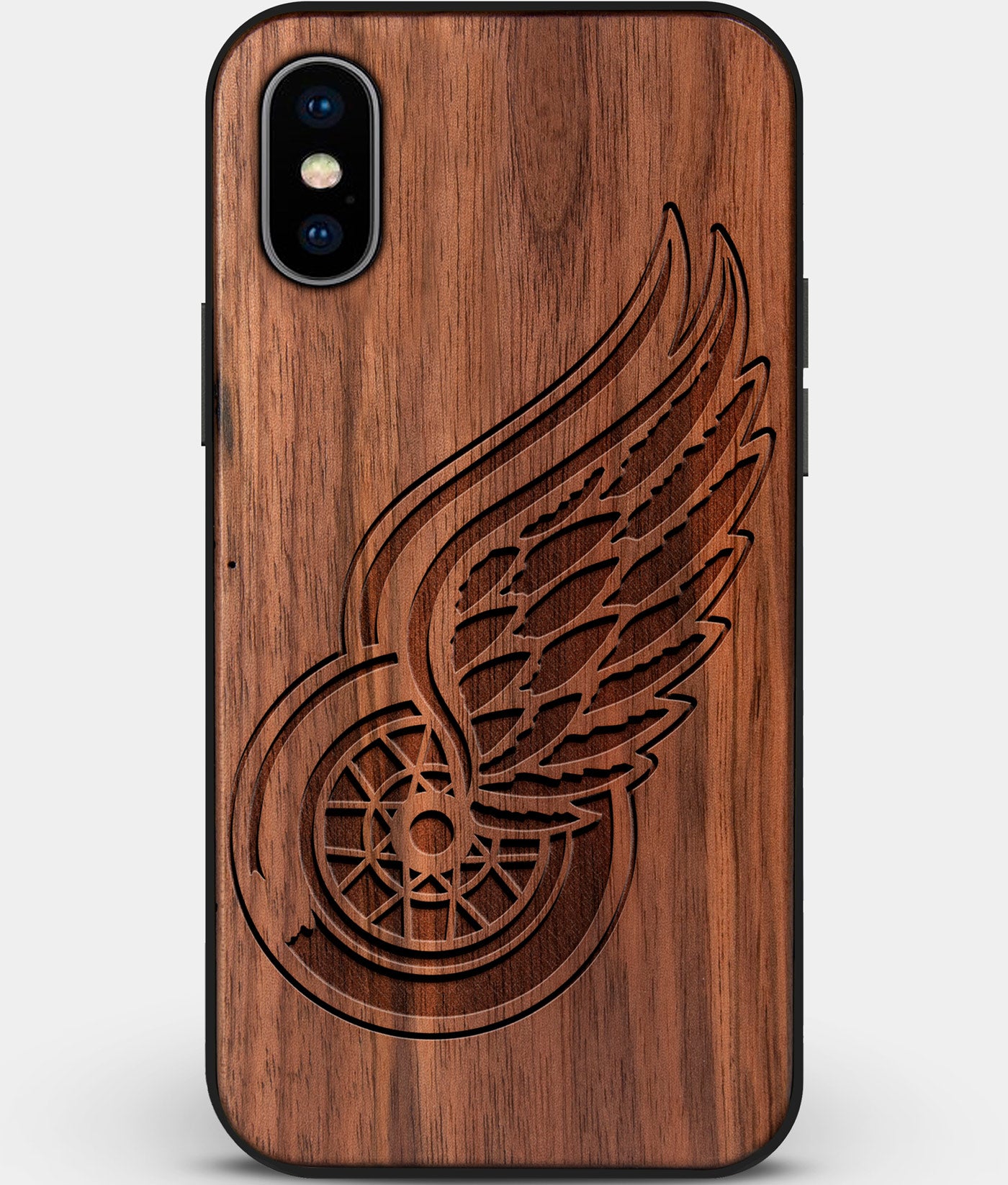 Custom Carved Wood Detroit Red Wings iPhone XS Max Case | Personalized Walnut Wood Detroit Red Wings Cover, Birthday Gift, Gifts For Him, Monogrammed Gift For Fan | by Engraved In Nature