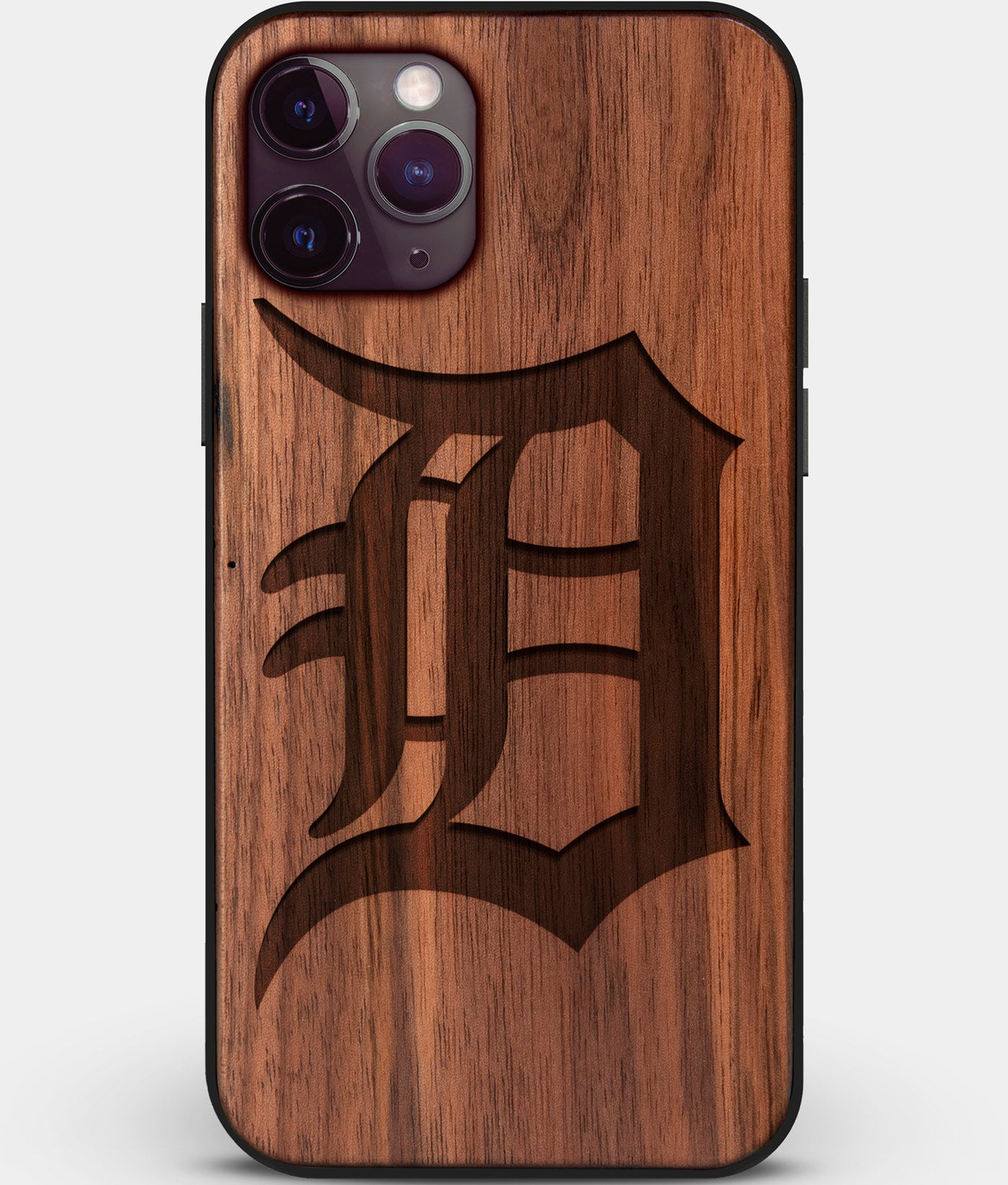 Custom Carved Wood Detroit Tigers iPhone 11 Pro Max Case | Personalized Walnut Wood Detroit Tigers Cover, Birthday Gift, Gifts For Him, Monogrammed Gift For Fan | by Engraved In Nature