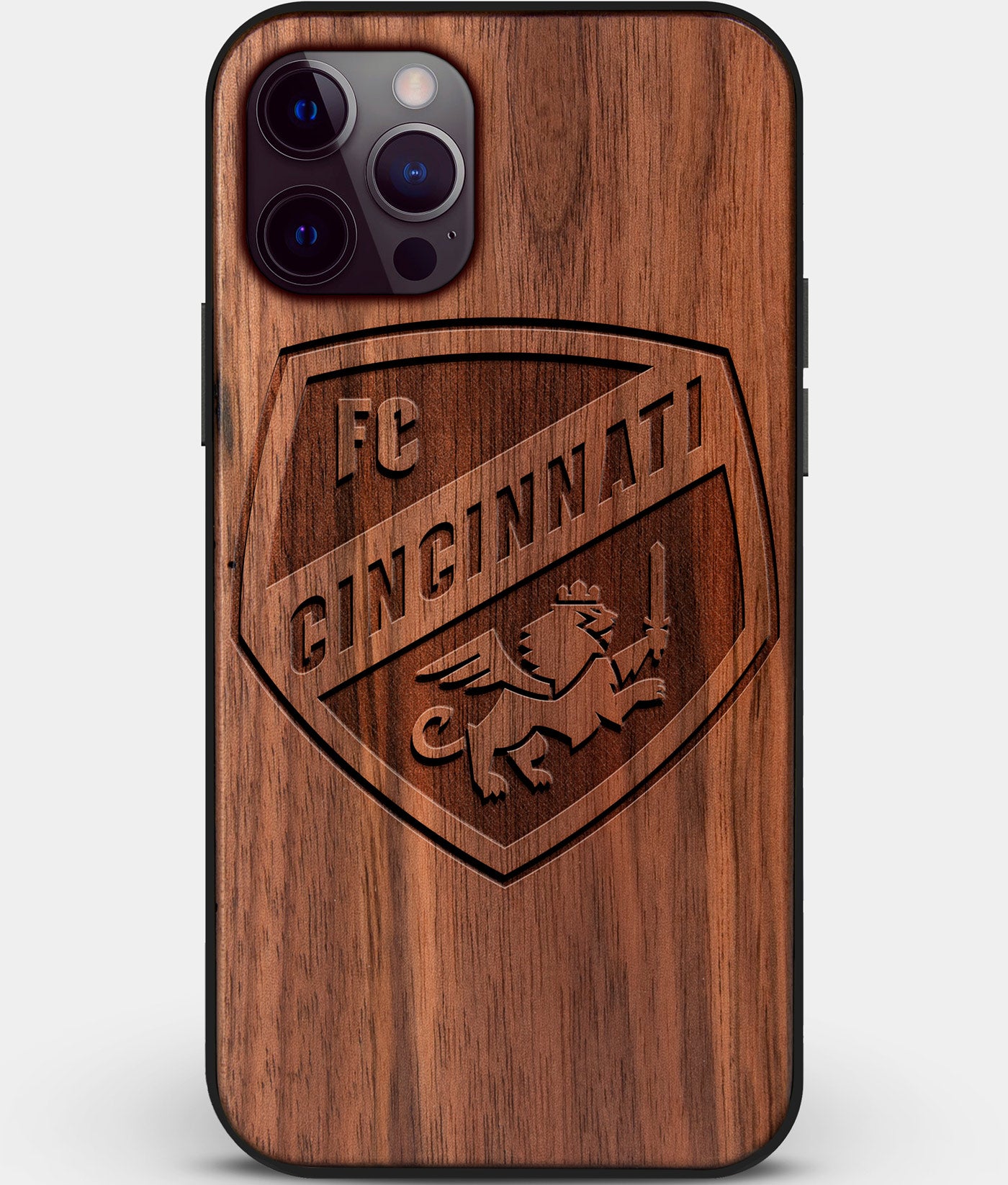 Custom Carved Wood FC Cincinnati iPhone 12 Pro Case | Personalized Walnut Wood FC Cincinnati Cover, Birthday Gift, Gifts For Him, Monogrammed Gift For Fan | by Engraved In Nature