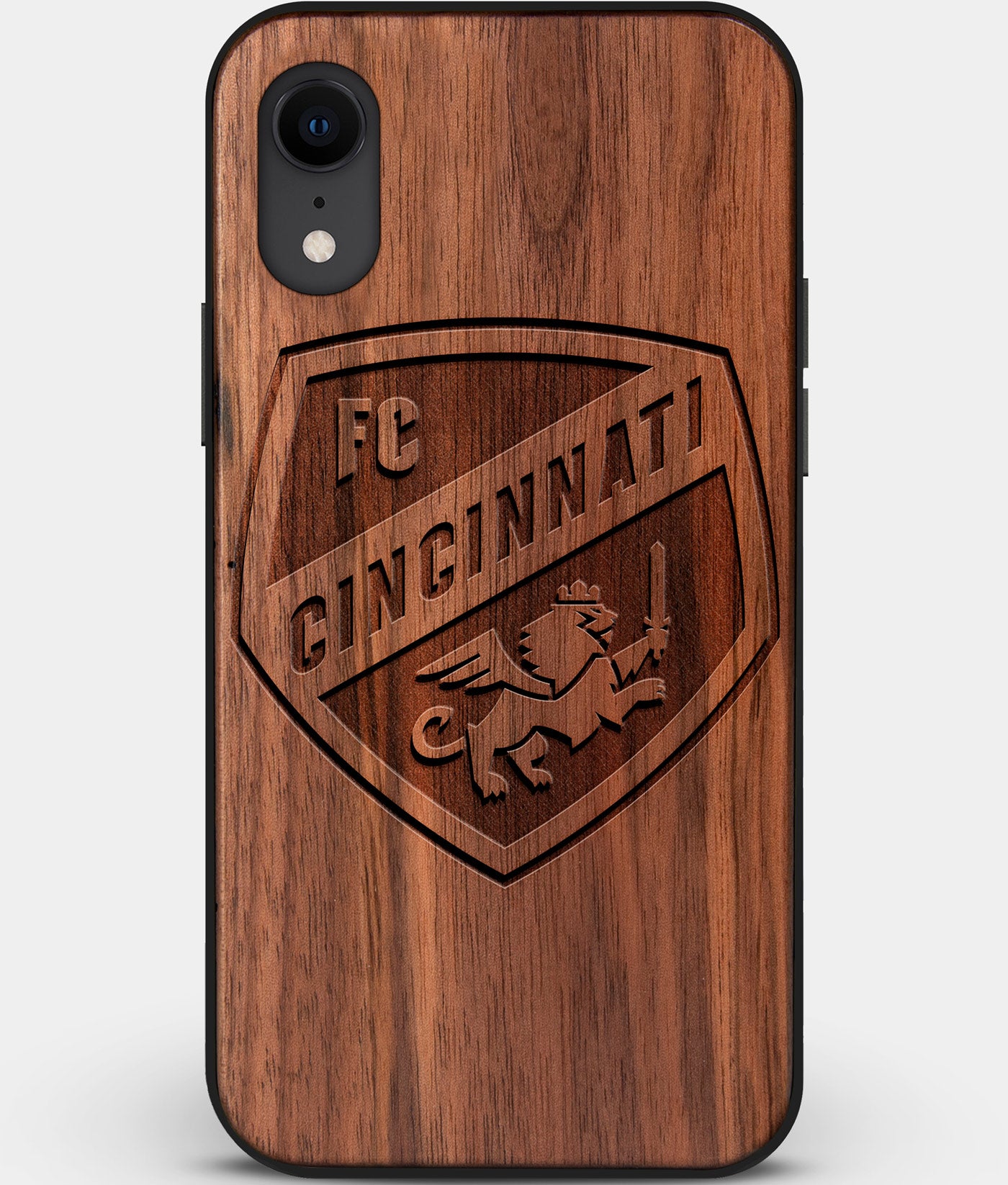 Custom Carved Wood FC Cincinnati iPhone XR Case | Personalized Walnut Wood FC Cincinnati Cover, Birthday Gift, Gifts For Him, Monogrammed Gift For Fan | by Engraved In Nature
