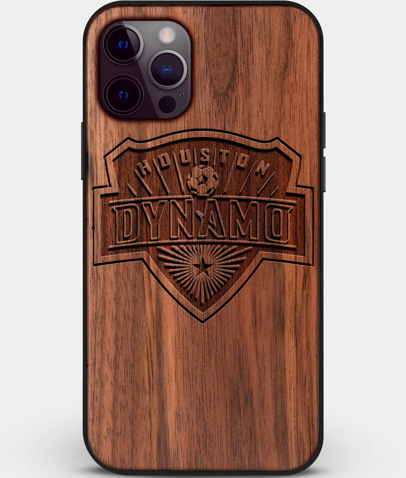 Custom Carved Wood Houston Dynamo iPhone 12 Pro Case | Personalized Walnut Wood Houston Dynamo Cover, Birthday Gift, Gifts For Him, Monogrammed Gift For Fan | by Engraved In Nature