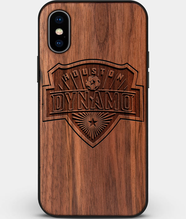Custom Carved Wood Houston Dynamo iPhone X/XS Case | Personalized Walnut Wood Houston Dynamo Cover, Birthday Gift, Gifts For Him, Monogrammed Gift For Fan | by Engraved In Nature