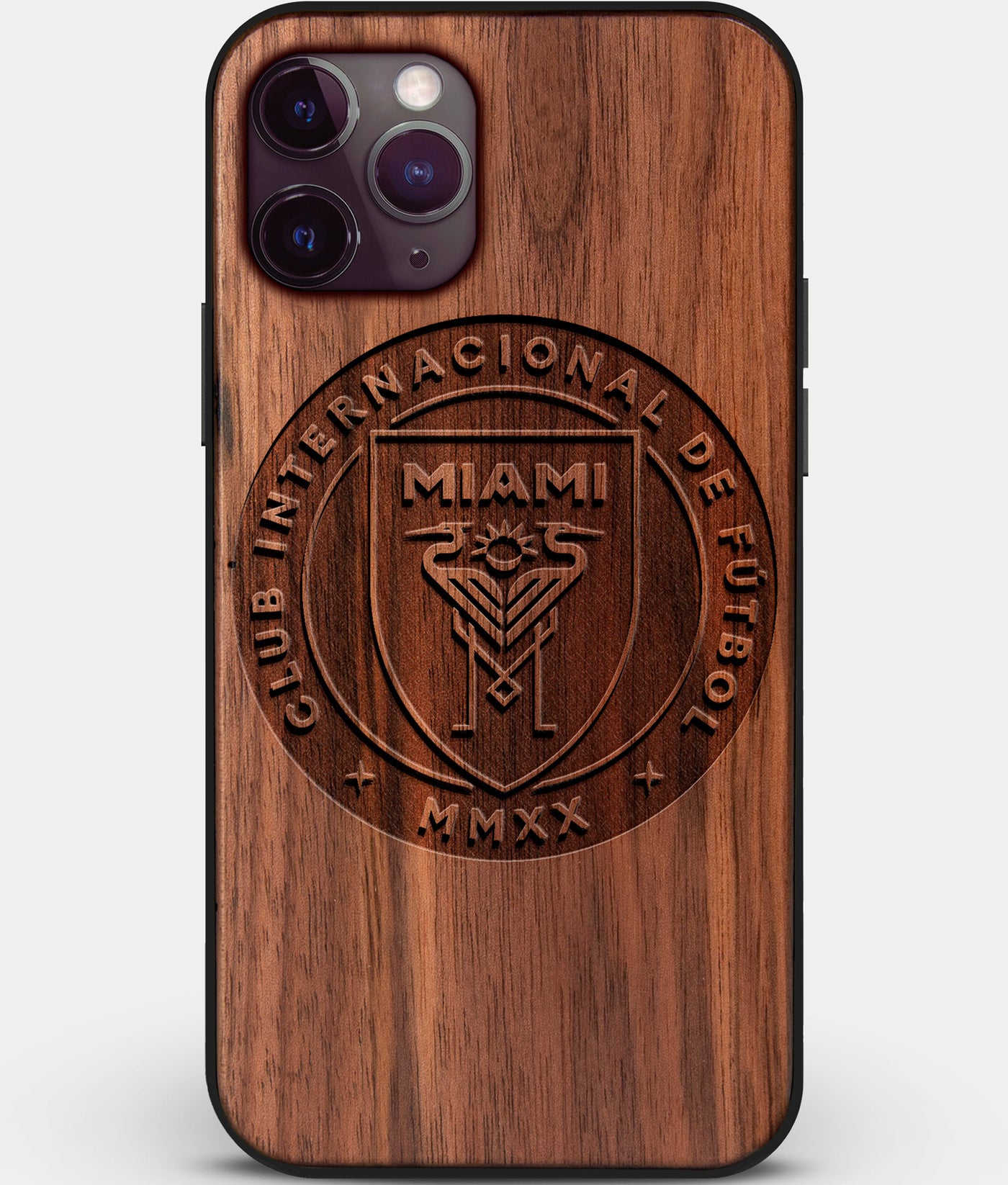 Custom Carved Wood Inter Miami CF iPhone 11 Pro Max Case | Personalized Walnut Wood Inter Miami CF Cover, Birthday Gift, Gifts For Him, Monogrammed Gift For Fan | by Engraved In Nature