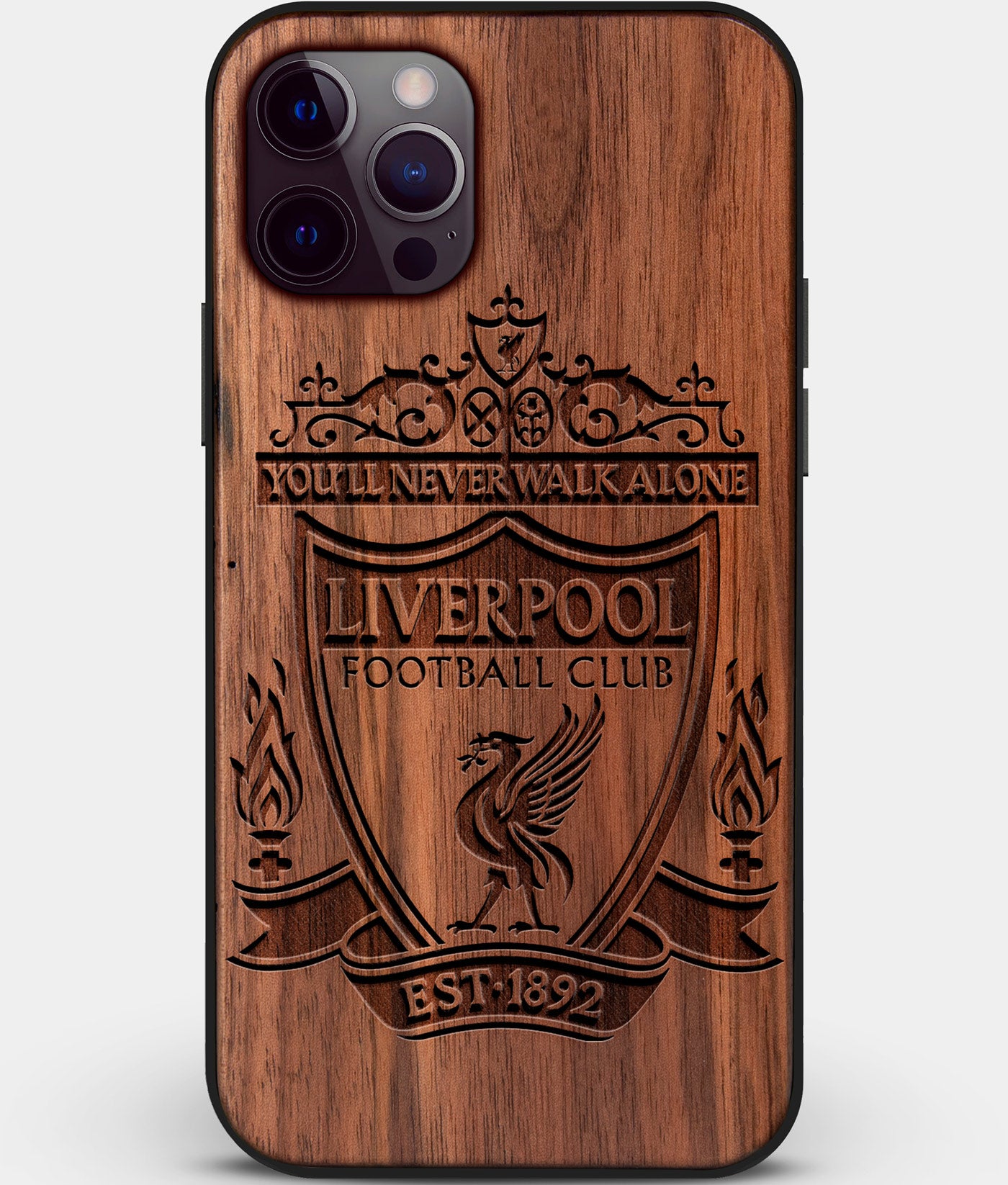 Custom Carved Wood Liverpool F.C. iPhone 12 Pro Case | Personalized Walnut Wood Liverpool F.C. Cover, Birthday Gift, Gifts For Him, Monogrammed Gift For Fan | by Engraved In Nature