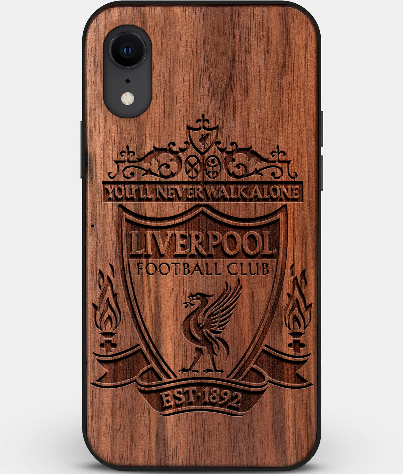Custom Carved Wood Liverpool F.C. iPhone XR Case | Personalized Walnut Wood Liverpool F.C. Cover, Birthday Gift, Gifts For Him, Monogrammed Gift For Fan | by Engraved In Nature