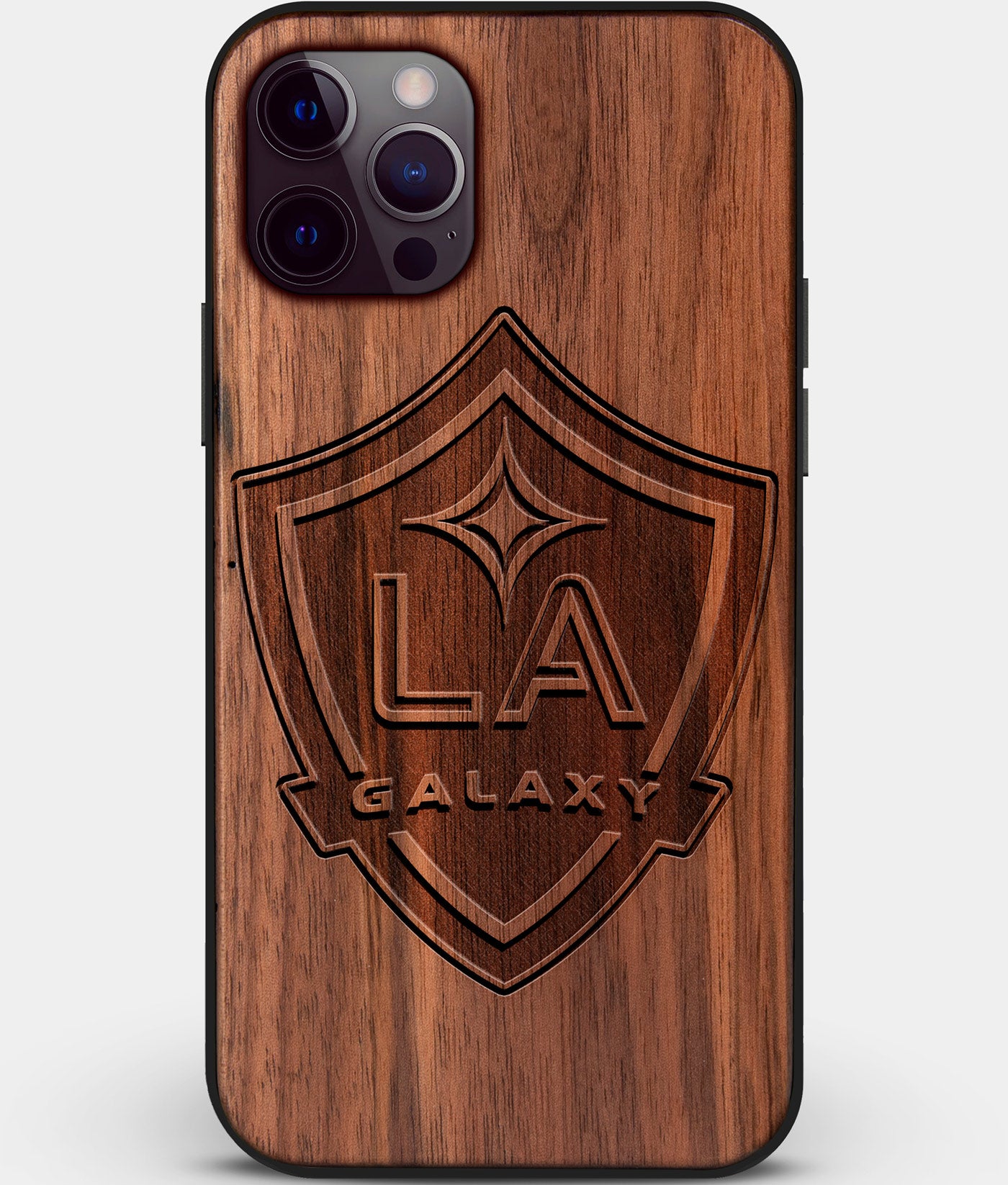 Custom Carved Wood Los Angeles Galaxy iPhone 12 Pro Case | Personalized Walnut Wood Los Angeles Galaxy Cover, Birthday Gift, Gifts For Him, Monogrammed Gift For Fan | by Engraved In Nature