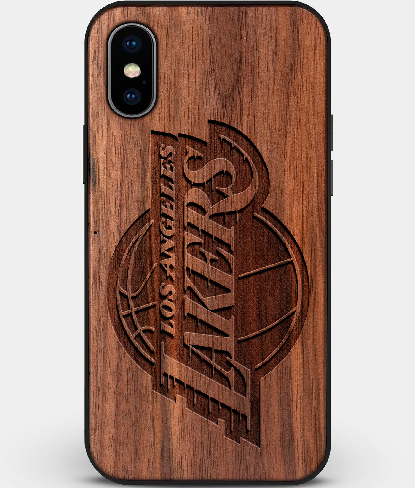 Custom Carved Wood Los Angeles Lakers iPhone X/XS Case | Personalized Walnut Wood Los Angeles Lakers Cover, Birthday Gift, Gifts For Him, Monogrammed Gift For Fan | by Engraved In Nature