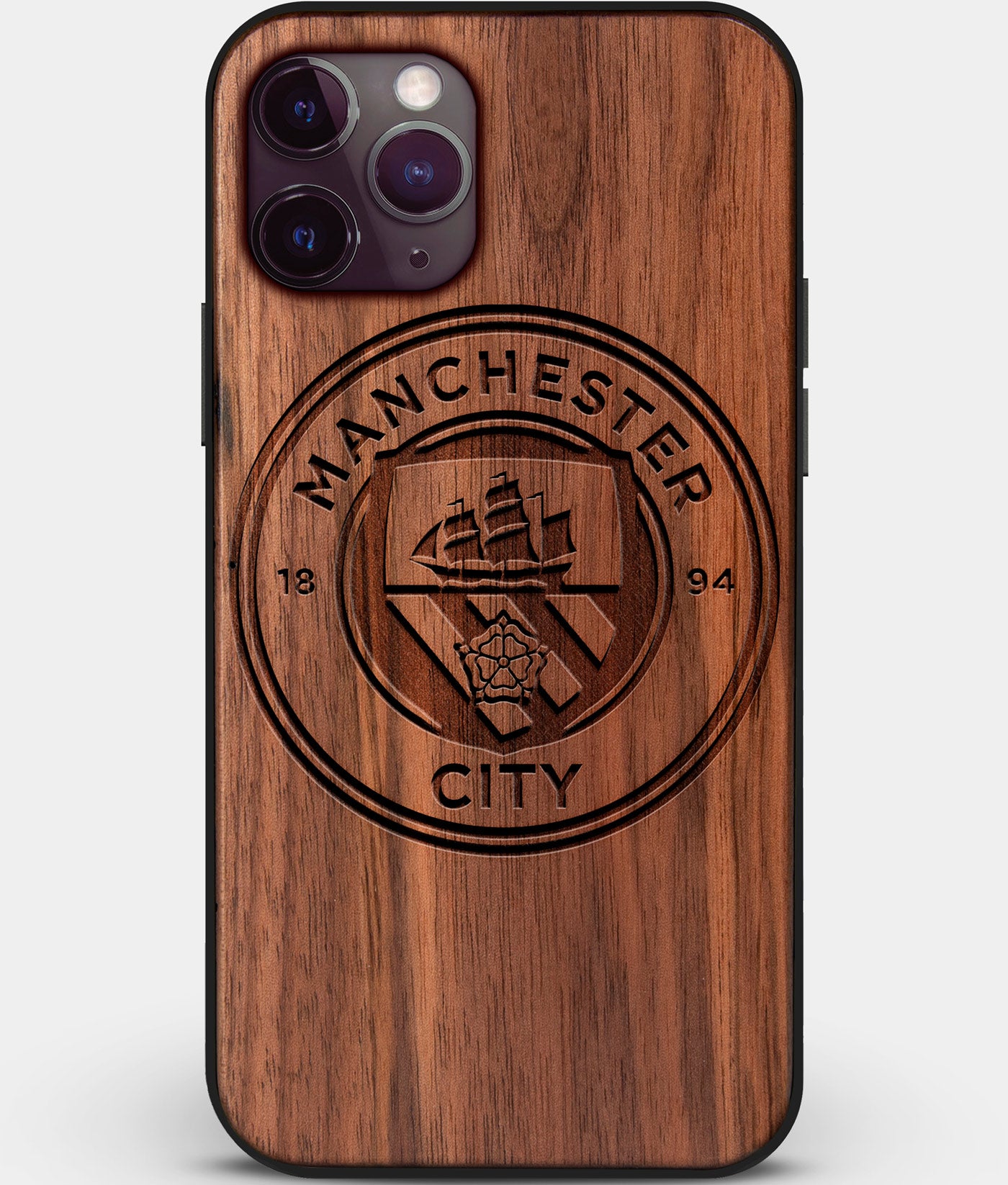 Custom Carved Wood Manchester City F.C. iPhone 11 Pro Max Case | Personalized Walnut Wood Manchester City F.C. Cover, Birthday Gift, Gifts For Him, Monogrammed Gift For Fan | by Engraved In Nature
