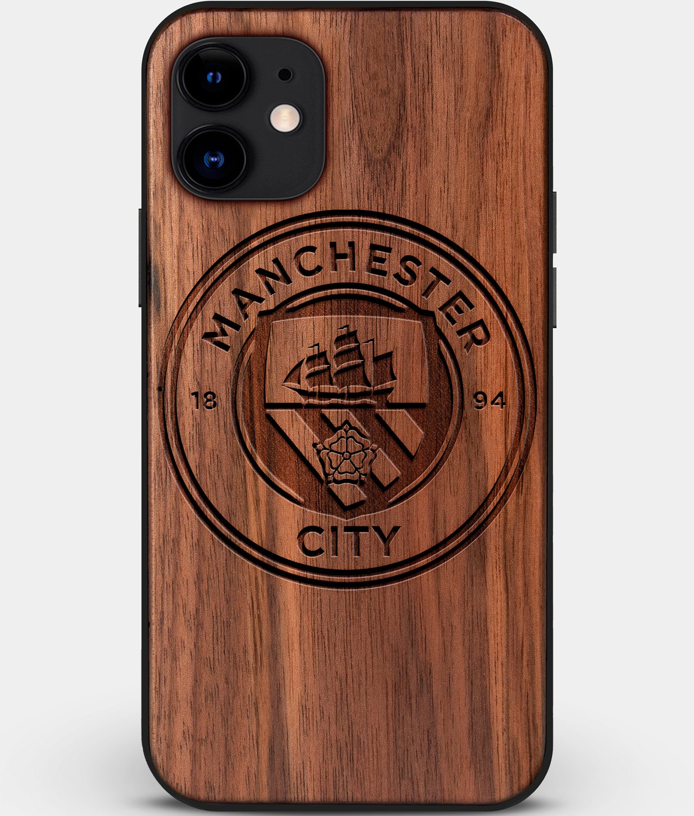 Custom Carved Wood Manchester City F.C. iPhone 12 Case | Personalized Walnut Wood Manchester City F.C. Cover, Birthday Gift, Gifts For Him, Monogrammed Gift For Fan | by Engraved In Nature