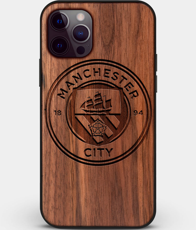 Custom Carved Wood Manchester City F.C. iPhone 12 Pro Case | Personalized Walnut Wood Manchester City F.C. Cover, Birthday Gift, Gifts For Him, Monogrammed Gift For Fan | by Engraved In Nature