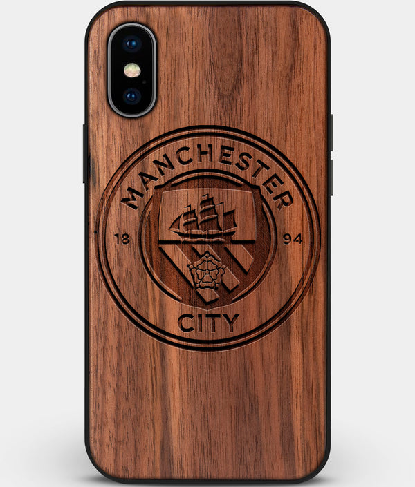 Custom Carved Wood Manchester City F.C. iPhone XS Max Case | Personalized Walnut Wood Manchester City F.C. Cover, Birthday Gift, Gifts For Him, Monogrammed Gift For Fan | by Engraved In Nature
