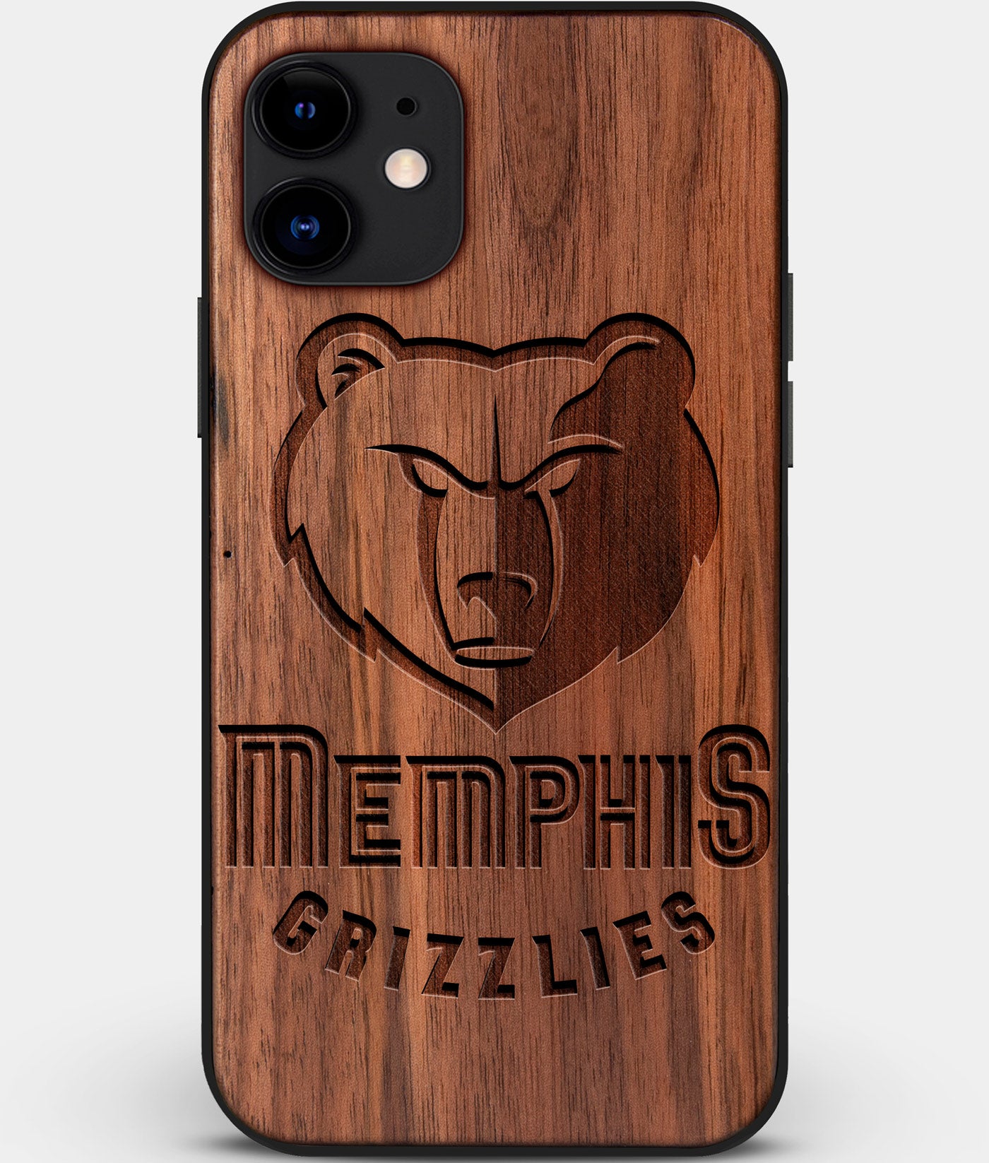 Custom Carved Wood Memphis Grizzlies iPhone 11 Case | Personalized Walnut Wood Memphis Grizzlies Cover, Birthday Gift, Gifts For Him, Monogrammed Gift For Fan | by Engraved In Nature