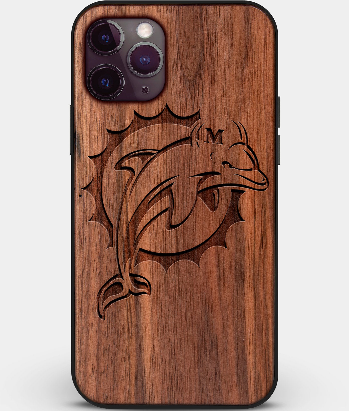 Custom Carved Wood Miami Dolphins iPhone 11 Pro Case | Personalized Walnut Wood Miami Dolphins Cover, Birthday Gift, Gifts For Him, Monogrammed Gift For Fan | by Engraved In Nature