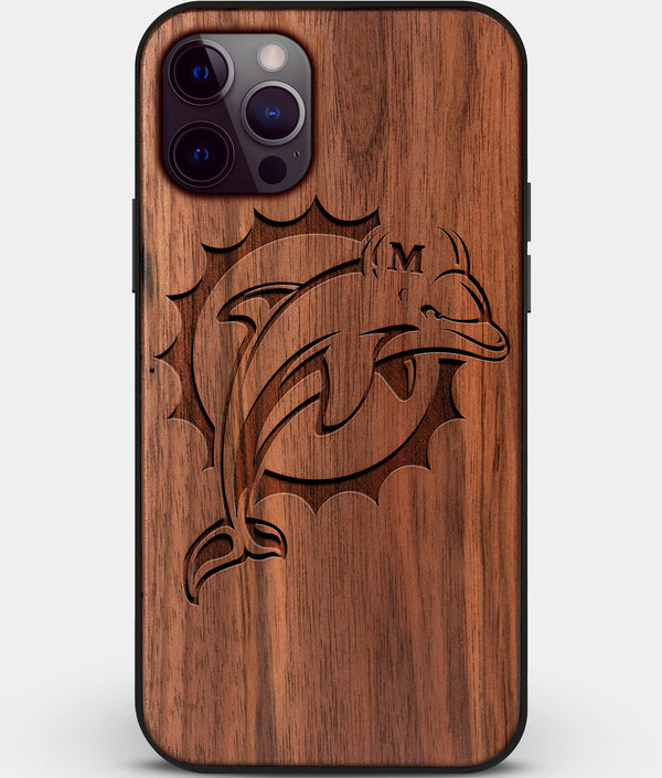 Custom Carved Wood Miami Dolphins iPhone 12 Pro Case | Personalized Walnut Wood Miami Dolphins Cover, Birthday Gift, Gifts For Him, Monogrammed Gift For Fan | by Engraved In Nature