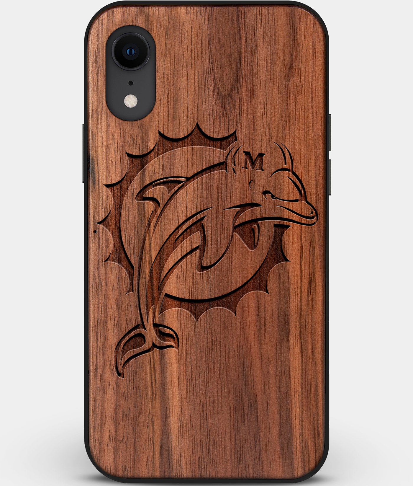 Custom Carved Wood Miami Dolphins iPhone XR Case | Personalized Walnut Wood Miami Dolphins Cover, Birthday Gift, Gifts For Him, Monogrammed Gift For Fan | by Engraved In Nature