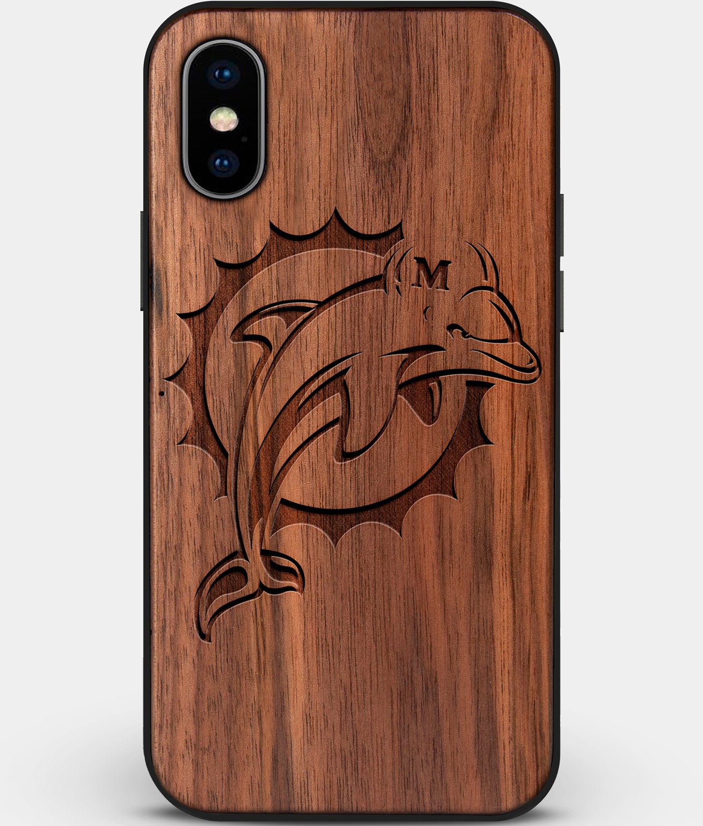Custom Carved Wood Miami Dolphins iPhone X/XS Case | Personalized Walnut Wood Miami Dolphins Cover, Birthday Gift, Gifts For Him, Monogrammed Gift For Fan | by Engraved In Nature