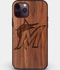 Custom Carved Wood Miami Marlins iPhone 11 Pro Max Case | Personalized Walnut Wood Miami Marlins Cover, Birthday Gift, Gifts For Him, Monogrammed Gift For Fan | by Engraved In Nature