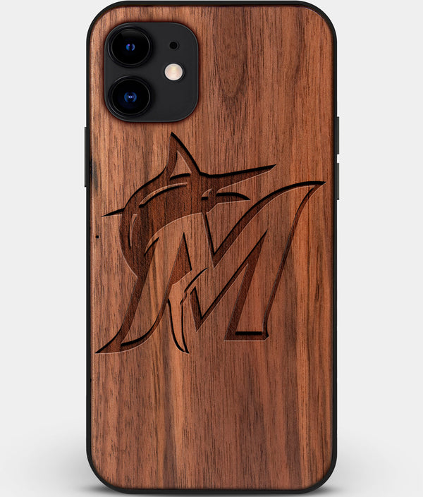 Custom Carved Wood Miami Marlins iPhone 12 Case | Personalized Walnut Wood Miami Marlins Cover, Birthday Gift, Gifts For Him, Monogrammed Gift For Fan | by Engraved In Nature