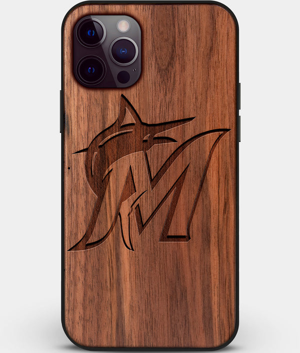 Custom Carved Wood Miami Marlins iPhone 12 Pro Case | Personalized Walnut Wood Miami Marlins Cover, Birthday Gift, Gifts For Him, Monogrammed Gift For Fan | by Engraved In Nature