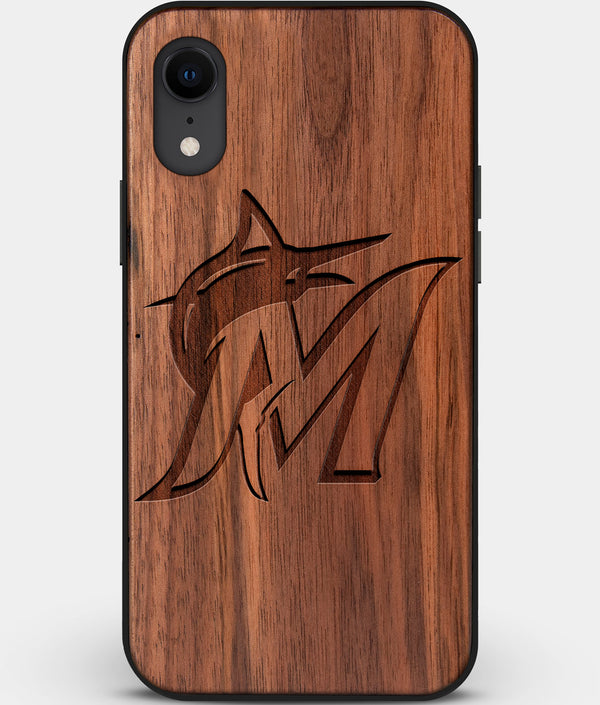 Custom Carved Wood Miami Marlins iPhone XR Case | Personalized Walnut Wood Miami Marlins Cover, Birthday Gift, Gifts For Him, Monogrammed Gift For Fan | by Engraved In Nature