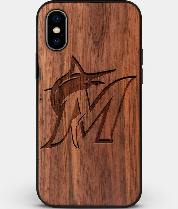 Custom Carved Wood Miami Marlins iPhone X/XS Case | Personalized Walnut Wood Miami Marlins Cover, Birthday Gift, Gifts For Him, Monogrammed Gift For Fan | by Engraved In Nature