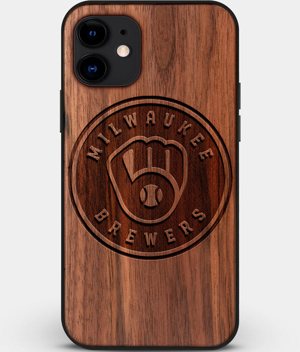 Custom Carved Wood Milwaukee Brewers iPhone 11 Case | Personalized Walnut Wood Milwaukee Brewers Cover, Birthday Gift, Gifts For Him, Monogrammed Gift For Fan | by Engraved In Nature