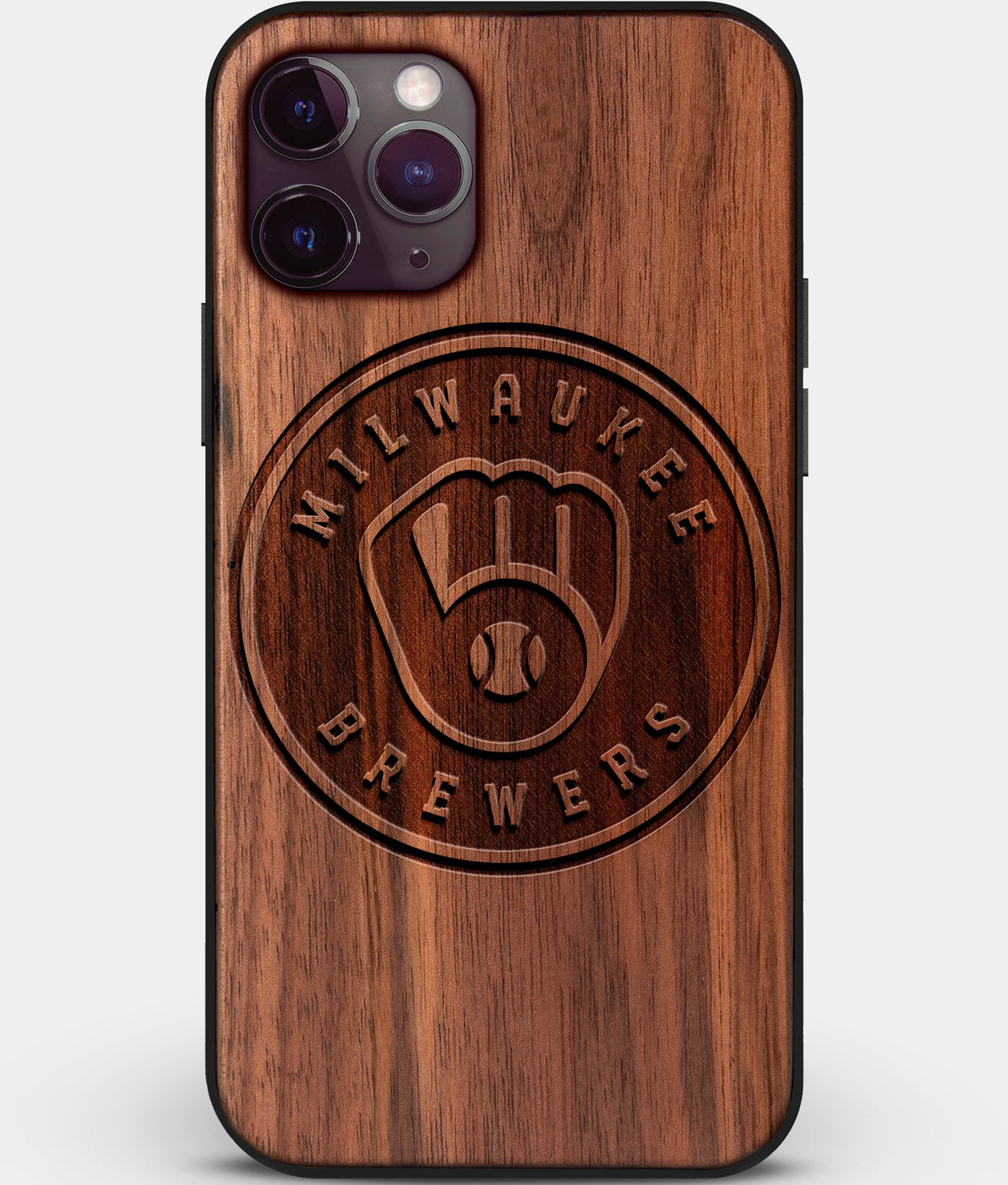 Custom Carved Wood Milwaukee Brewers iPhone 11 Pro Case | Personalized Walnut Wood Milwaukee Brewers Cover, Birthday Gift, Gifts For Him, Monogrammed Gift For Fan | by Engraved In Nature