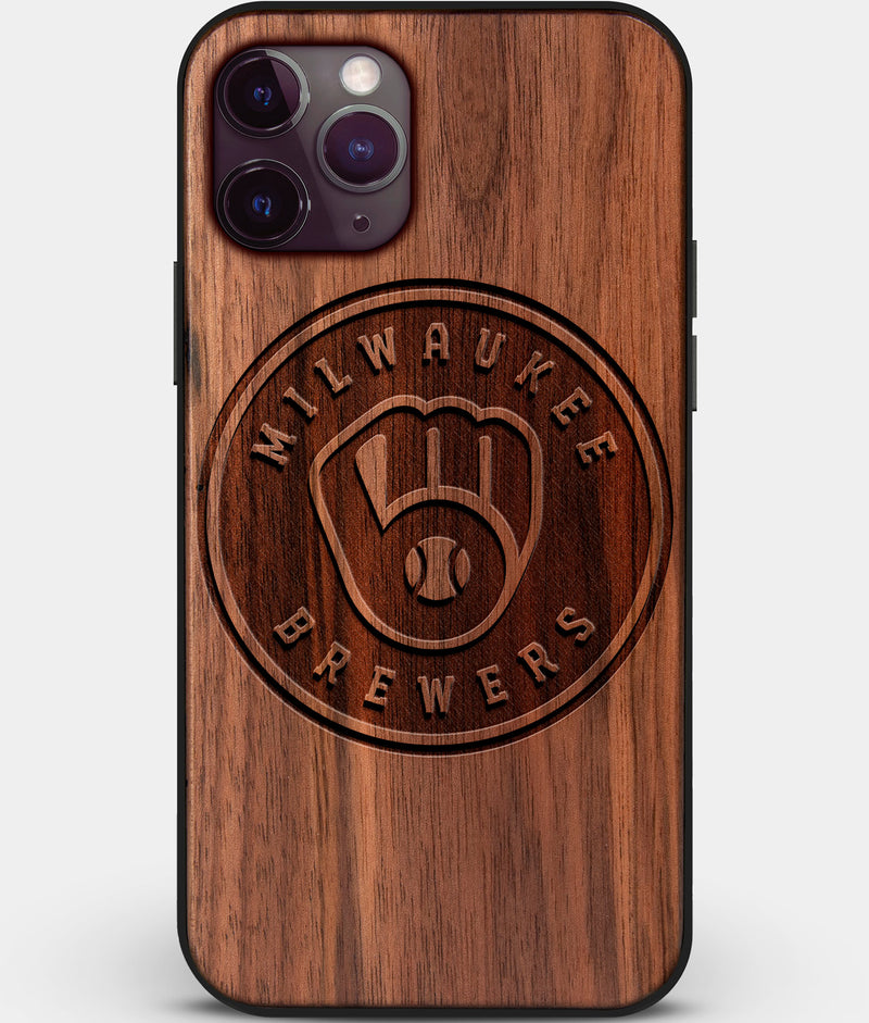 Custom Carved Wood Milwaukee Brewers iPhone 11 Pro Case | Personalized Walnut Wood Milwaukee Brewers Cover, Birthday Gift, Gifts For Him, Monogrammed Gift For Fan | by Engraved In Nature