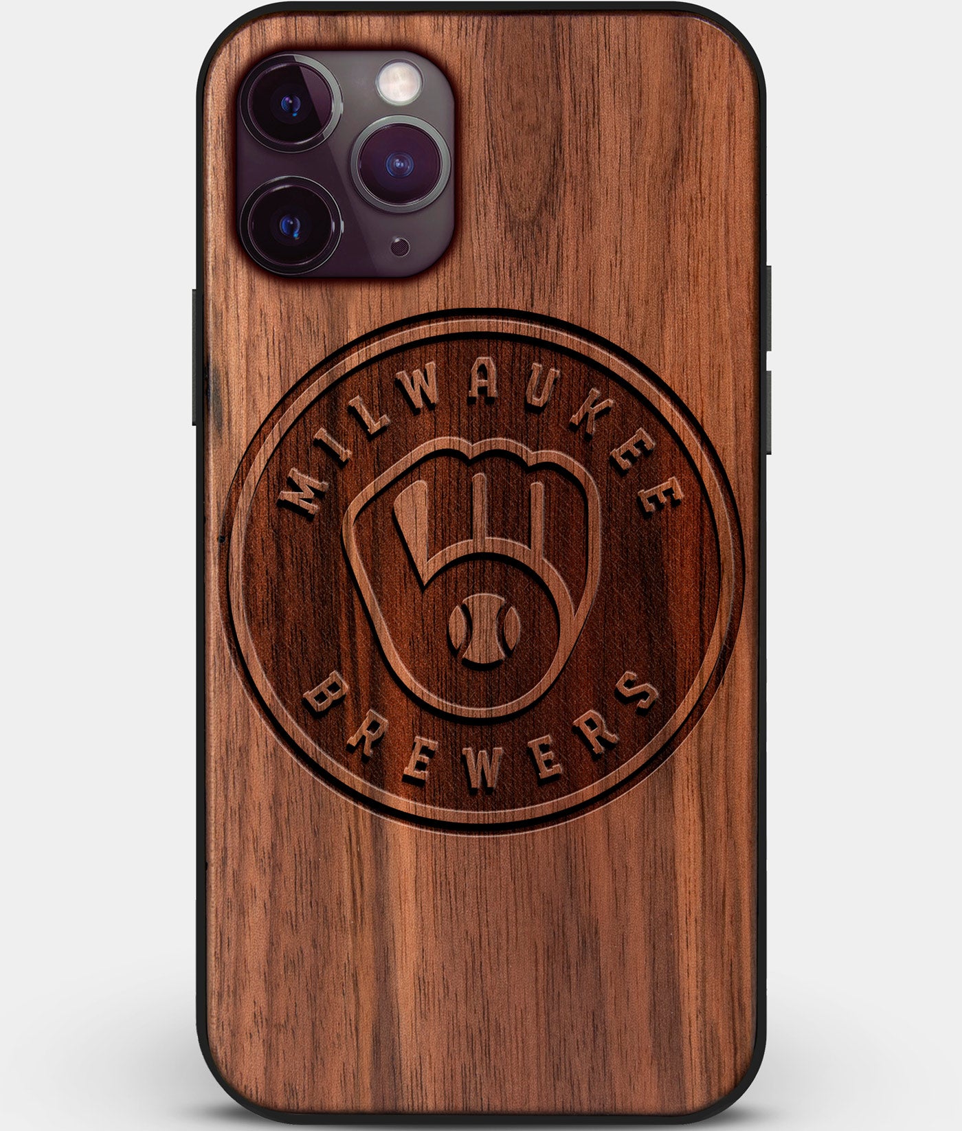 Custom Carved Wood Milwaukee Brewers iPhone 11 Pro Max Case | Personalized Walnut Wood Milwaukee Brewers Cover, Birthday Gift, Gifts For Him, Monogrammed Gift For Fan | by Engraved In Nature