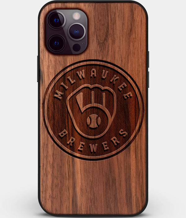 Custom Carved Wood Milwaukee Brewers iPhone 12 Pro Max Case | Personalized Walnut Wood Milwaukee Brewers Cover, Birthday Gift, Gifts For Him, Monogrammed Gift For Fan | by Engraved In Nature