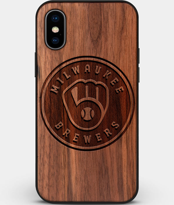 Custom Carved Wood Milwaukee Brewers iPhone X/XS Case | Personalized Walnut Wood Milwaukee Brewers Cover, Birthday Gift, Gifts For Him, Monogrammed Gift For Fan | by Engraved In Nature