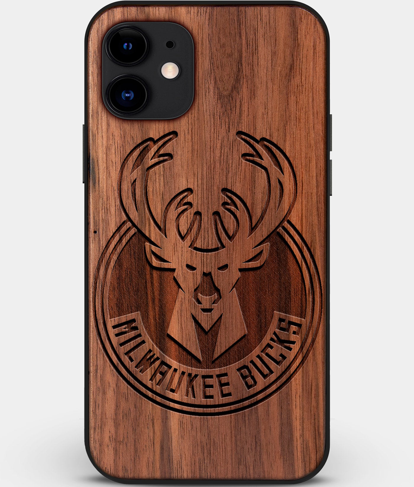 Custom Carved Wood Milwaukee Bucks iPhone 11 Case | Personalized Walnut Wood Milwaukee Bucks Cover, Birthday Gift, Gifts For Him, Monogrammed Gift For Fan | by Engraved In Nature