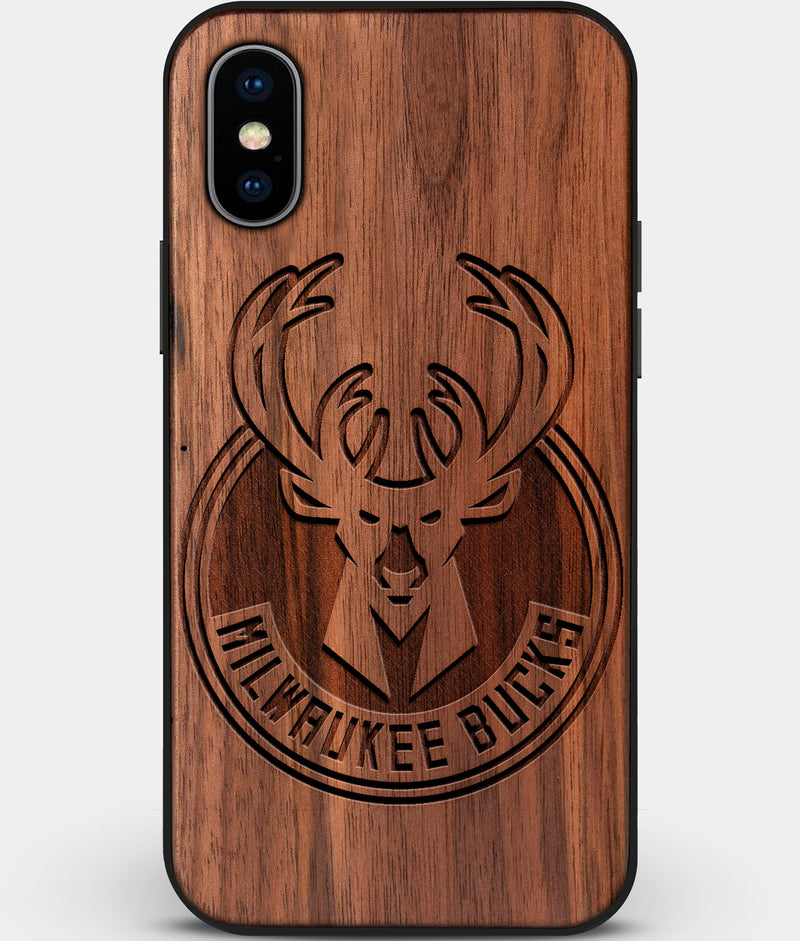 Custom Carved Wood Milwaukee Bucks iPhone X/XS Case | Personalized Walnut Wood Milwaukee Bucks Cover, Birthday Gift, Gifts For Him, Monogrammed Gift For Fan | by Engraved In Nature