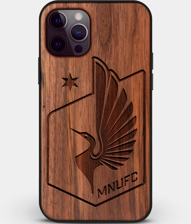 Custom Carved Wood Minnesota United FC iPhone 12 Pro Case | Personalized Walnut Wood Minnesota United FC Cover, Birthday Gift, Gifts For Him, Monogrammed Gift For Fan | by Engraved In Nature