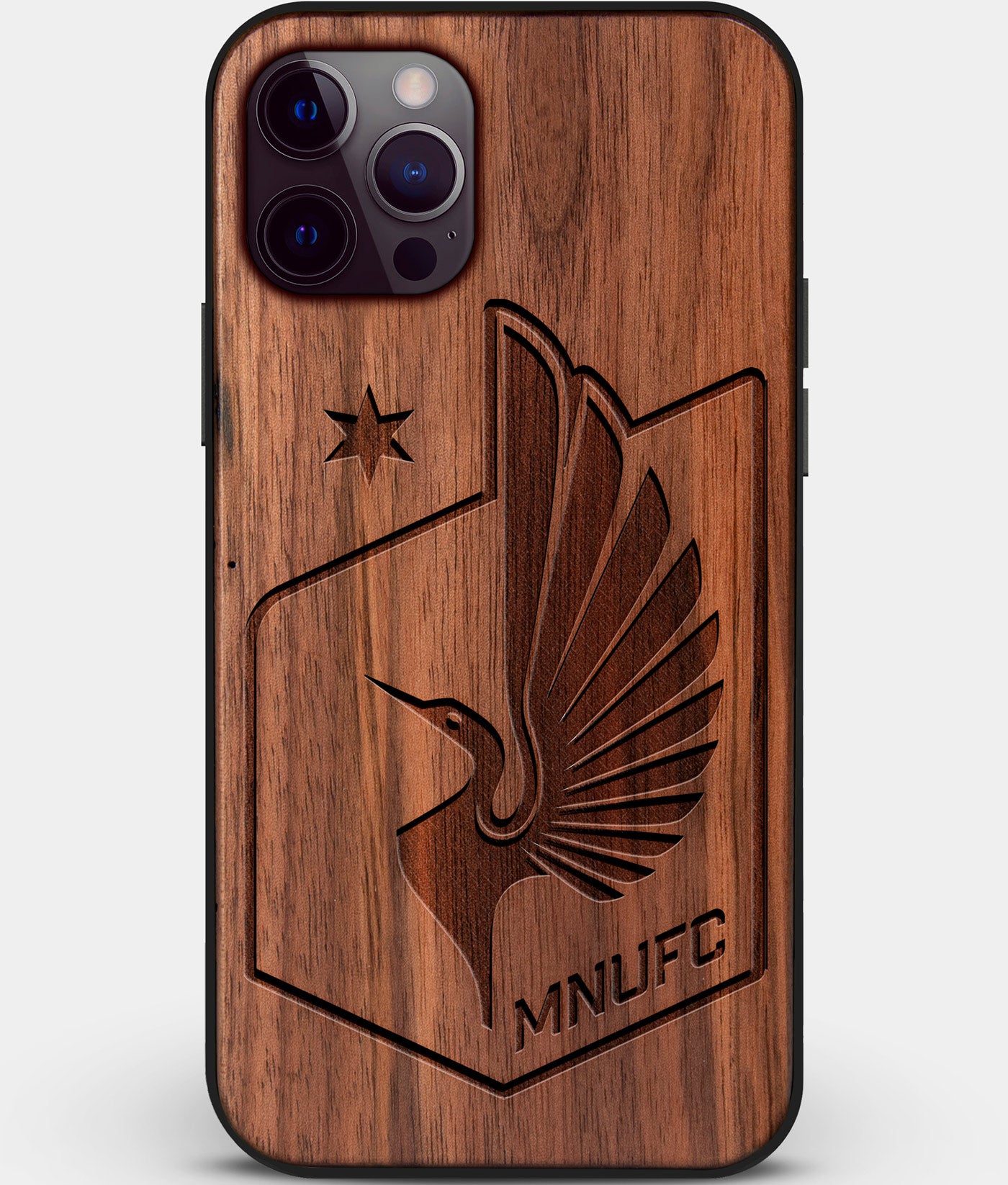 Custom Carved Wood Minnesota United FC iPhone 12 Pro Max Case | Personalized Walnut Wood Minnesota United FC Cover, Birthday Gift, Gifts For Him, Monogrammed Gift For Fan | by Engraved In Nature