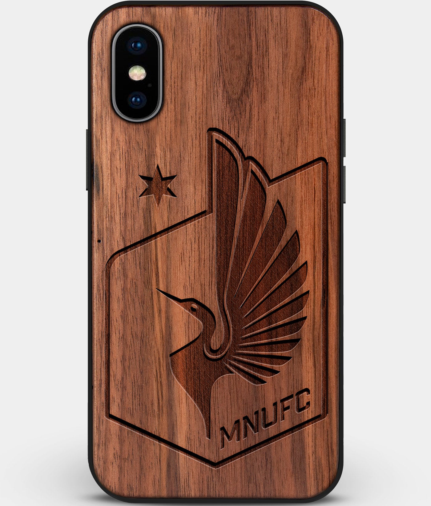 Custom Carved Wood Minnesota United FC iPhone XS Max Case | Personalized Walnut Wood Minnesota United FC Cover, Birthday Gift, Gifts For Him, Monogrammed Gift For Fan | by Engraved In Nature