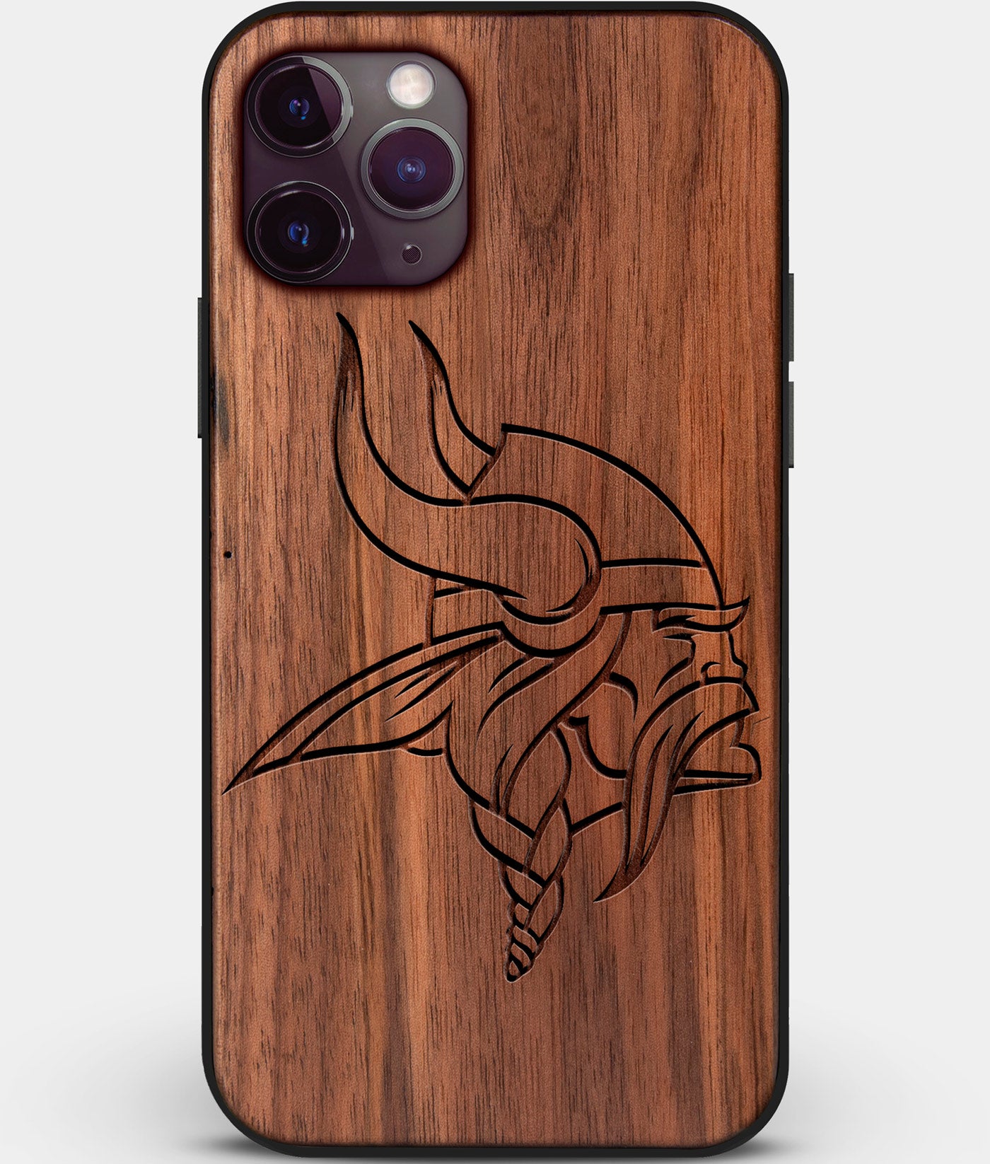 Custom Carved Wood Minnesota Vikings iPhone 11 Pro Case | Personalized Walnut Wood Minnesota Vikings Cover, Birthday Gift, Gifts For Him, Monogrammed Gift For Fan | by Engraved In Nature