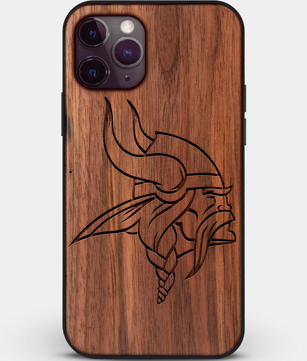 Custom Carved Wood Minnesota Vikings iPhone 11 Pro Max Case | Personalized Walnut Wood Minnesota Vikings Cover, Birthday Gift, Gifts For Him, Monogrammed Gift For Fan | by Engraved In Nature