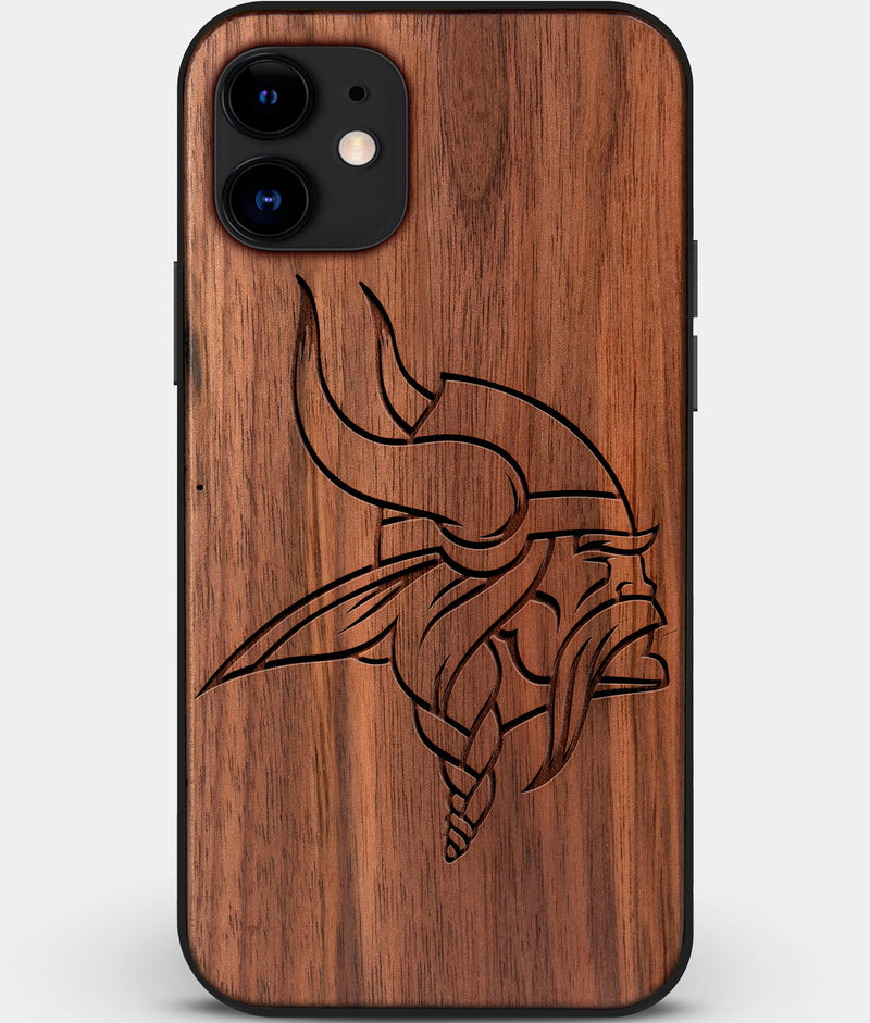 Custom Carved Wood Minnesota Vikings iPhone 12 Mini Case | Personalized Walnut Wood Minnesota Vikings Cover, Birthday Gift, Gifts For Him, Monogrammed Gift For Fan | by Engraved In Nature