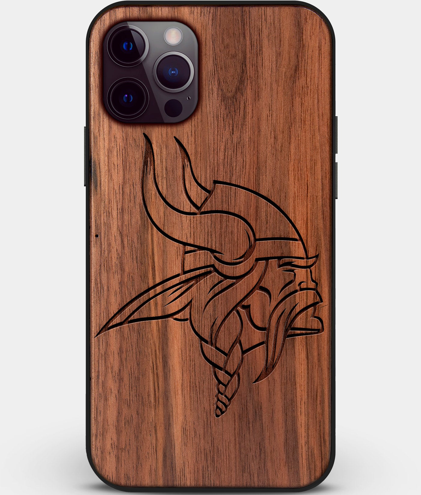 Custom Carved Wood Minnesota Vikings iPhone 12 Pro Case | Personalized Walnut Wood Minnesota Vikings Cover, Birthday Gift, Gifts For Him, Monogrammed Gift For Fan | by Engraved In Nature