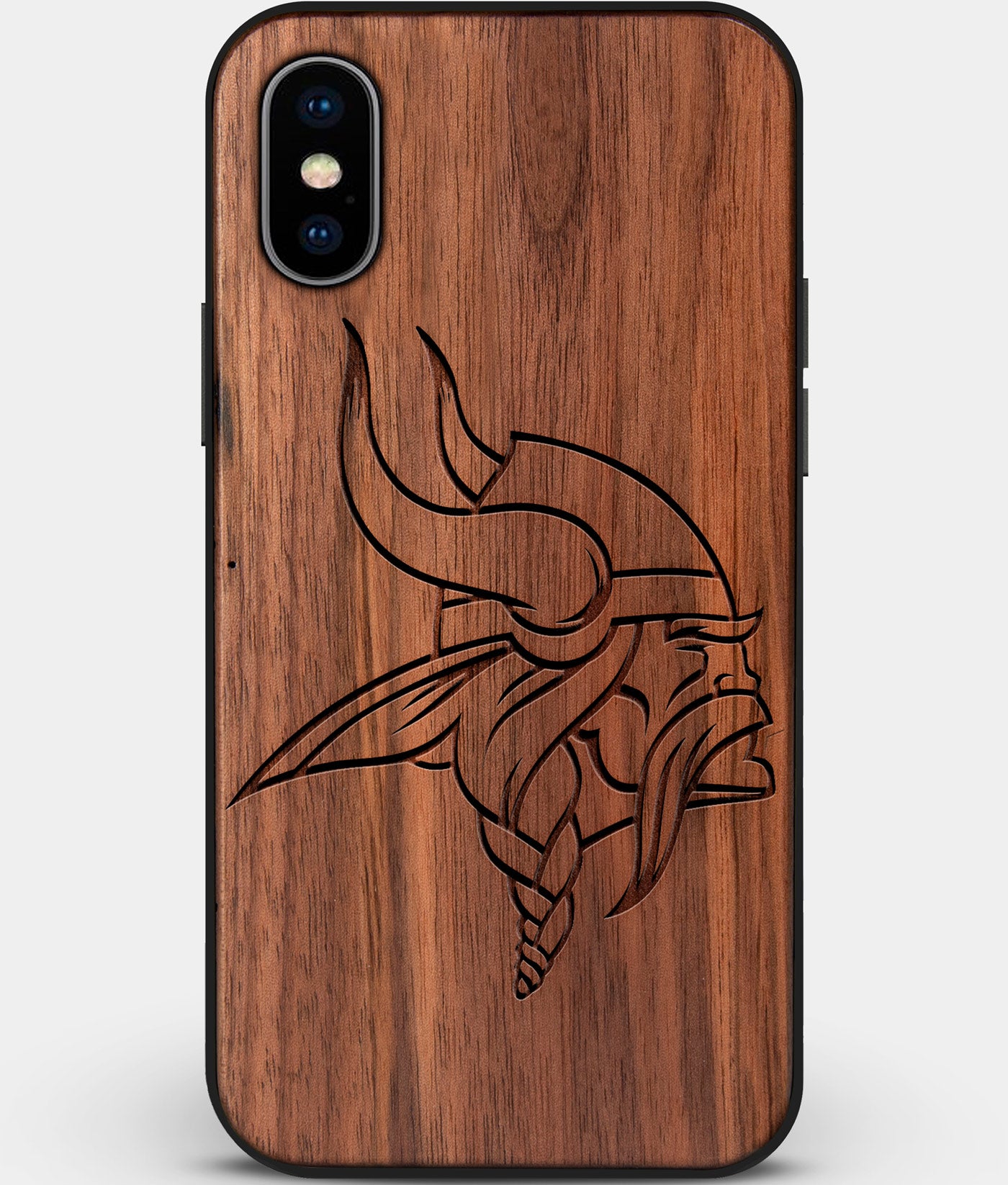 Custom Carved Wood Minnesota Vikings iPhone X/XS Case | Personalized Walnut Wood Minnesota Vikings Cover, Birthday Gift, Gifts For Him, Monogrammed Gift For Fan | by Engraved In Nature