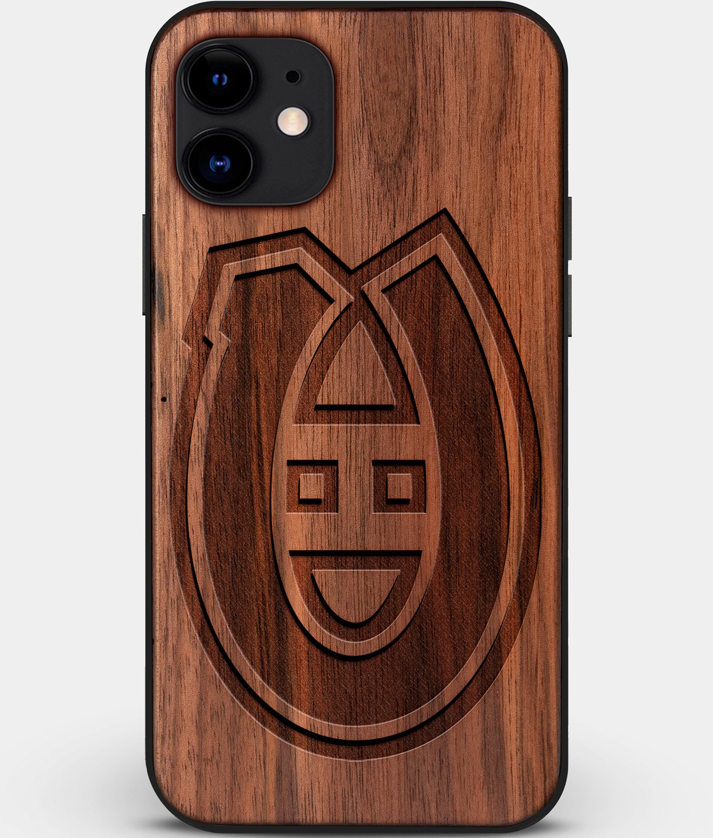Custom Carved Wood Montreal Canadiens iPhone 12 Mini Case | Personalized Walnut Wood Montreal Canadiens Cover, Birthday Gift, Gifts For Him, Monogrammed Gift For Fan | by Engraved In Nature